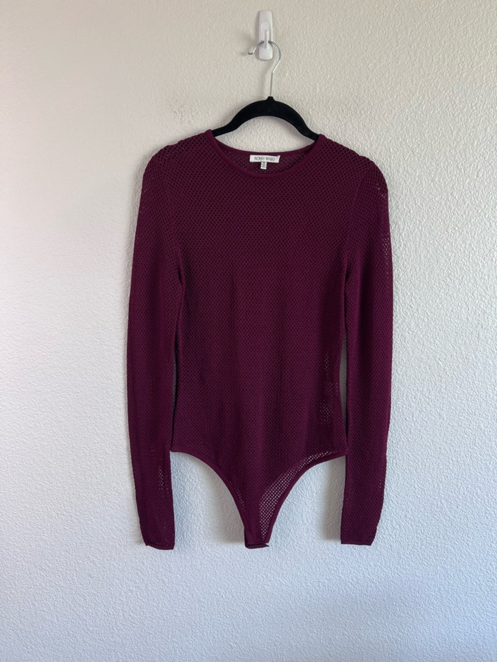 Ronny Kobo Women's Chani Mesh Long Sleeve Bodysuit in Burgundy